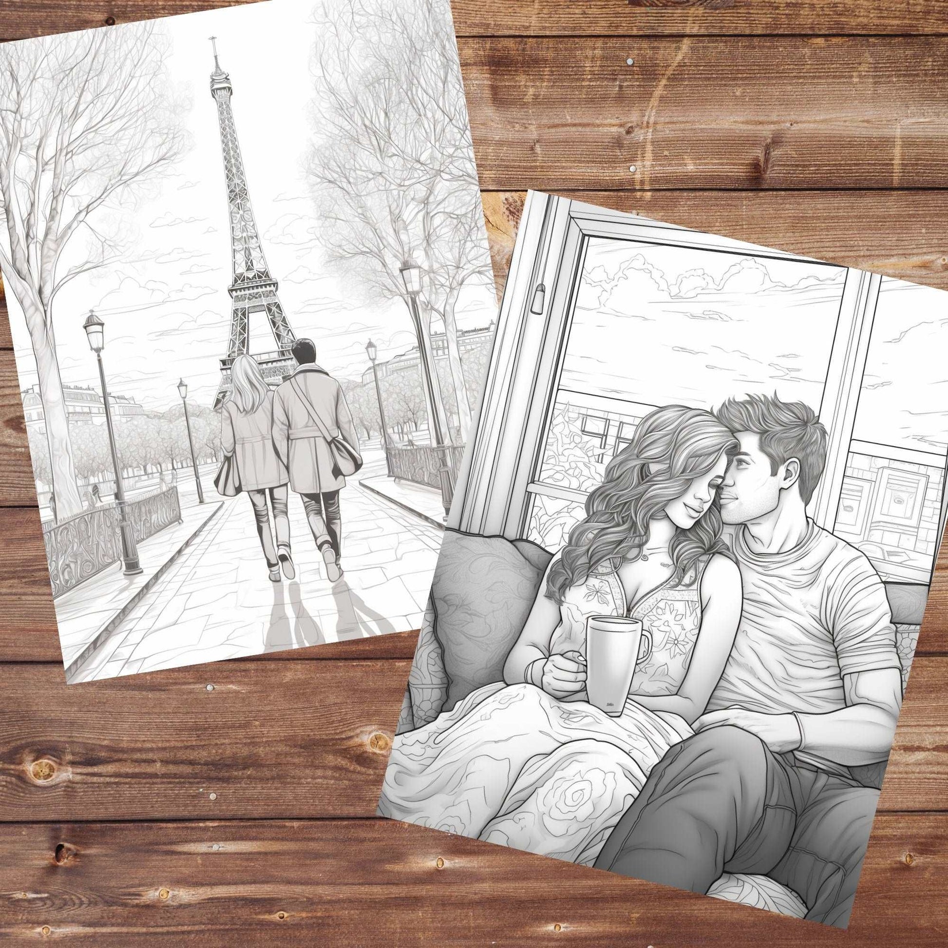 30 Valentine's Day Coloring Book, Grayscale Printable Couples Coloring for Adults and Teens, Romantic Dinner, Paris Rome, Instant Download