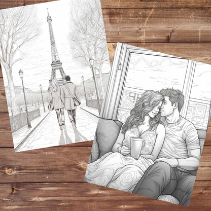 30 Valentine's Day Coloring Book, Grayscale Printable Couples Coloring for Adults and Teens, Romantic Dinner, Paris Rome, Instant Download