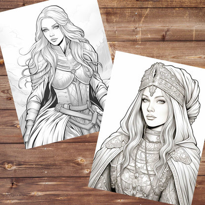 30 Medieval Women Coloring Book, Grayscale Printable Beautiful Women Coloring, Historical Beauties, Corset Coloring, Medieval Dresses Town