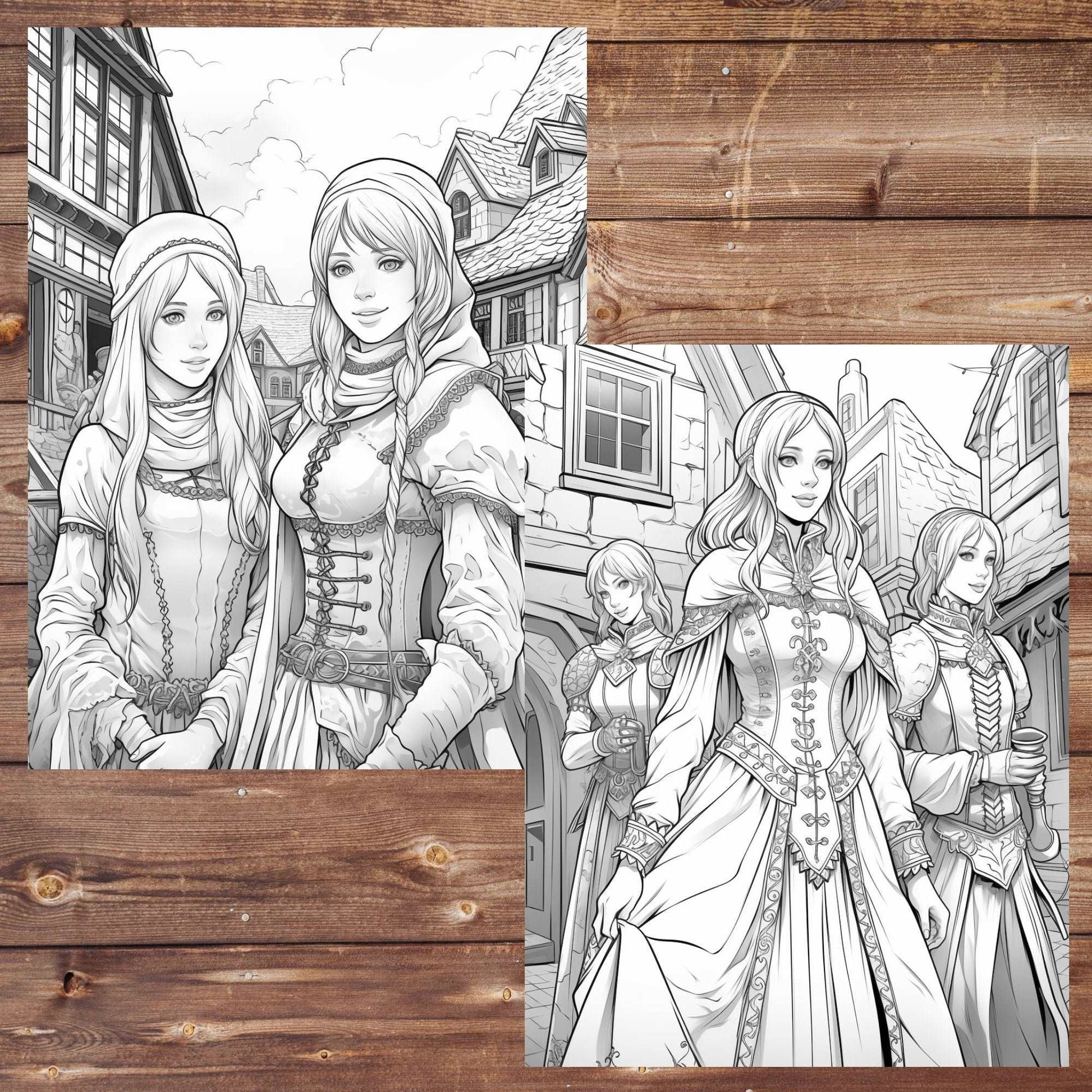 30 Medieval Women Coloring Book, Grayscale Printable Beautiful Women Coloring, Historical Beauties, Corset Coloring, Medieval Dresses Town