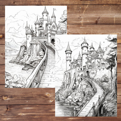 35 Castle Chronicles Coloring Book, Grayscale Castles Coloring for Adults, Historical Old Houses, Medieval Ancient Times, Printable PDF