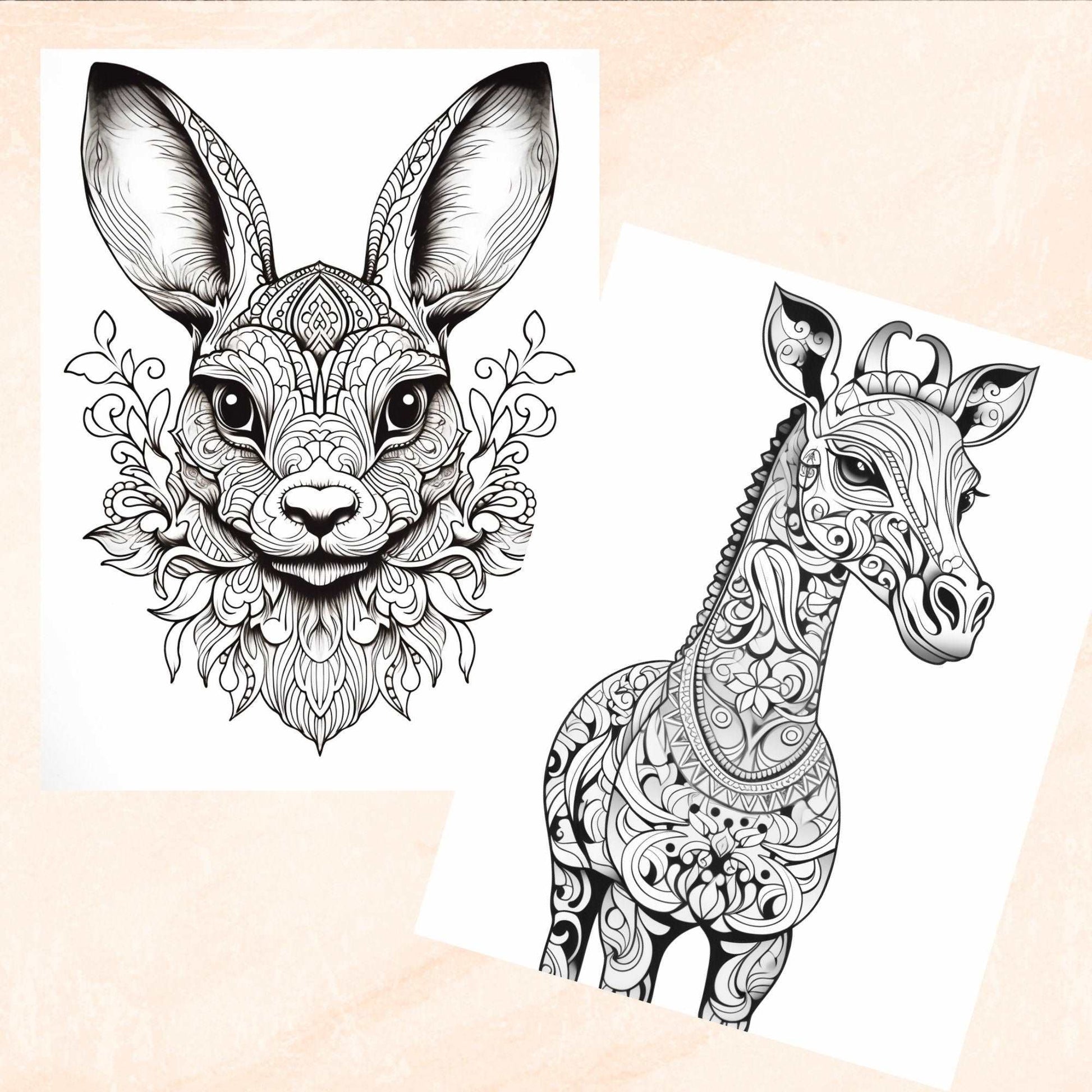 30 Mandala Animals Coloring Book, Grayscale Fantasy Animals and Flowers Coloring for Adults and Kids, Printable PDF, Instant Download