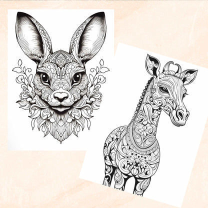 30 Mandala Animals Coloring Book, Grayscale Fantasy Animals and Flowers Coloring for Adults and Kids, Printable PDF, Instant Download