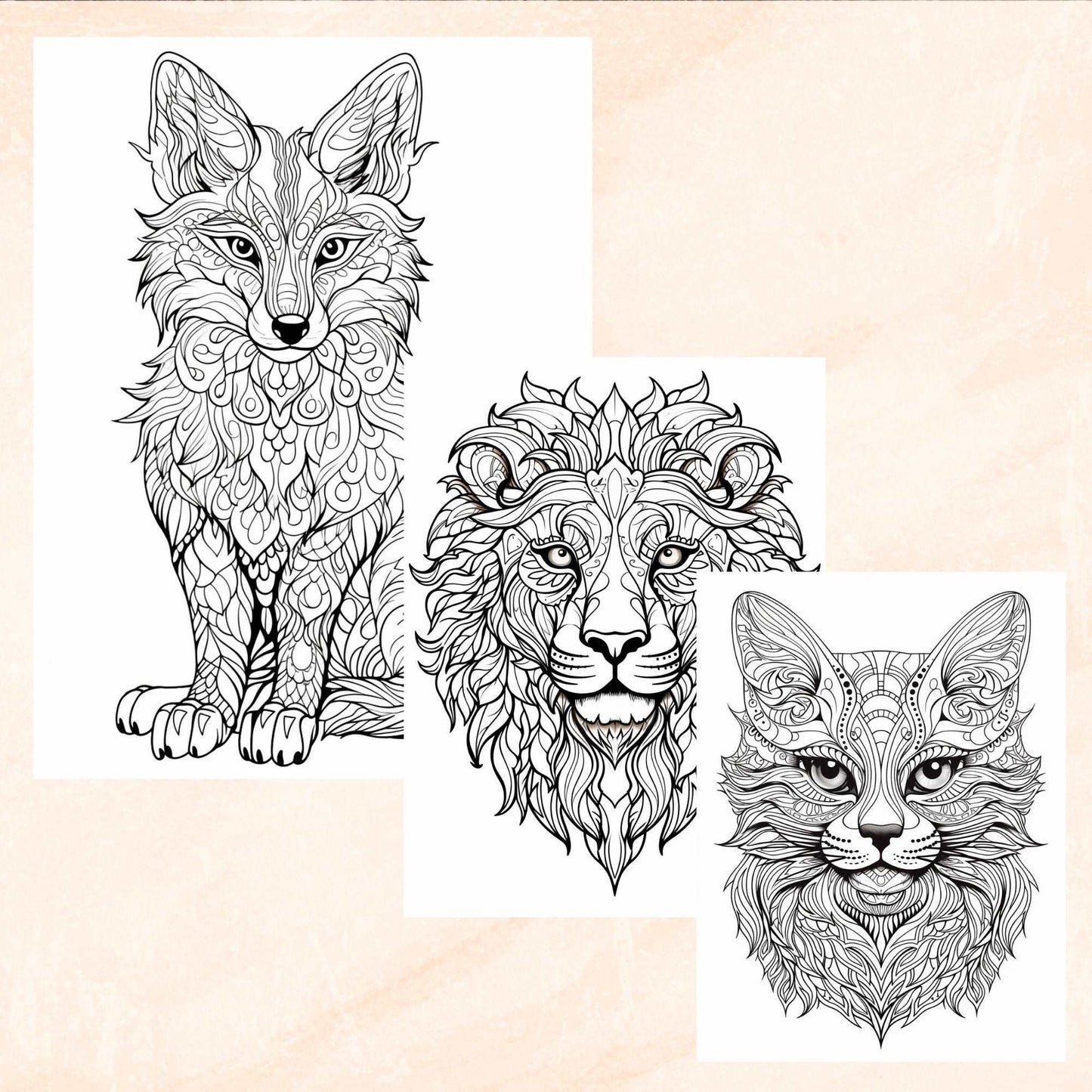 30 Mandala Animals Coloring Book, Grayscale Fantasy Animals and Flowers Coloring for Adults and Kids, Printable PDF, Instant Download