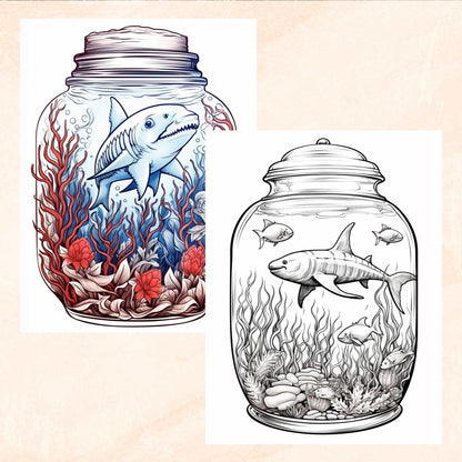 30 Life in a Jar Coloring Book, Grayscale Printable Animals in a Jar Coloring for Adults Kids, Flowers Mushroom Sea Life Animals, PDF