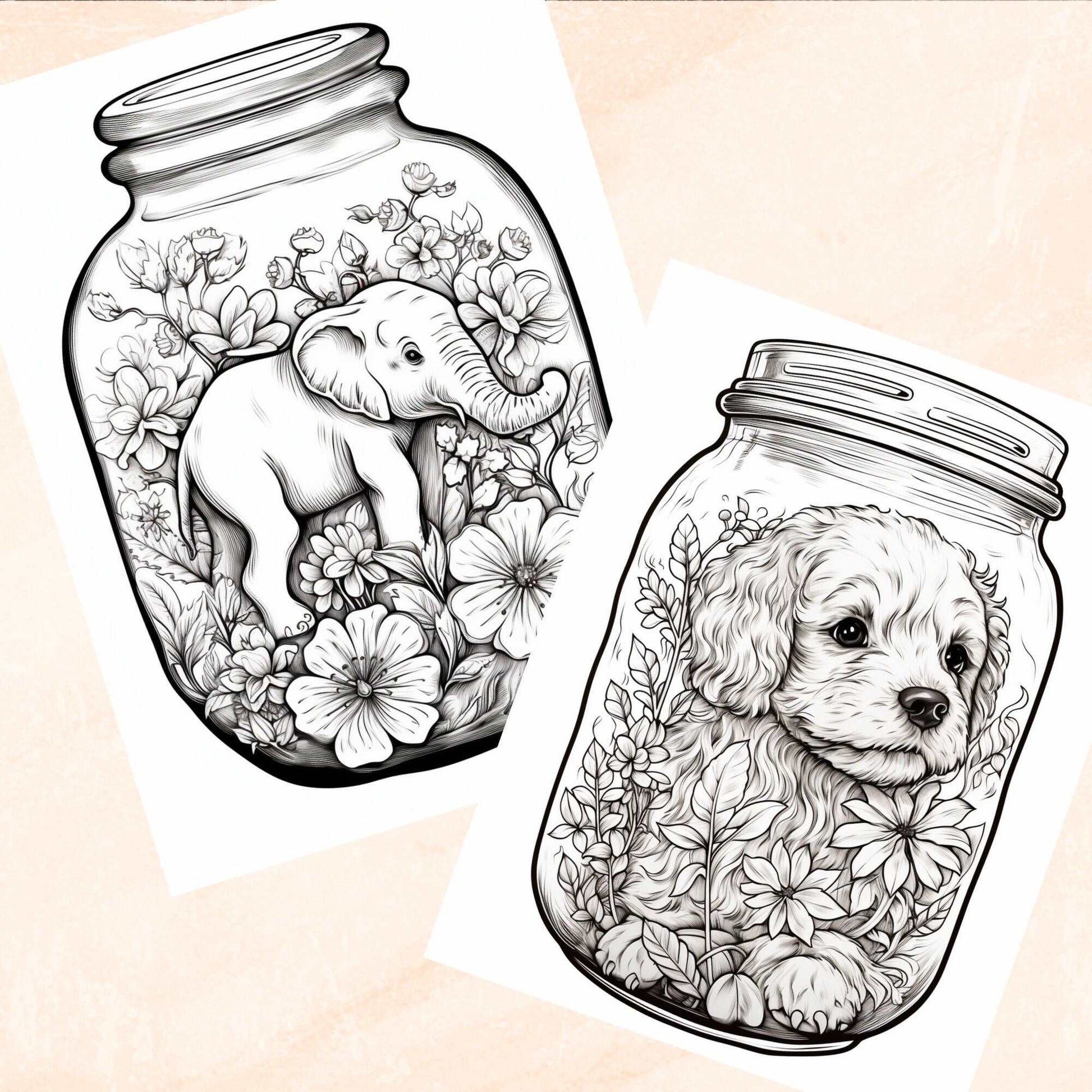 30 Life in a Jar Coloring Book, Grayscale Printable Animals in a Jar Coloring for Adults Kids, Flowers Mushroom Sea Life Animals, PDF