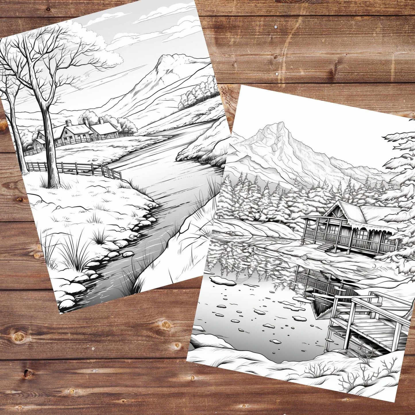 30 Winter Wonderland Coloring Book, Grayscale Winter Coloring Pages for Adults, Cozy Cabin Snow, Seasons, Printable PDF, Instant Download