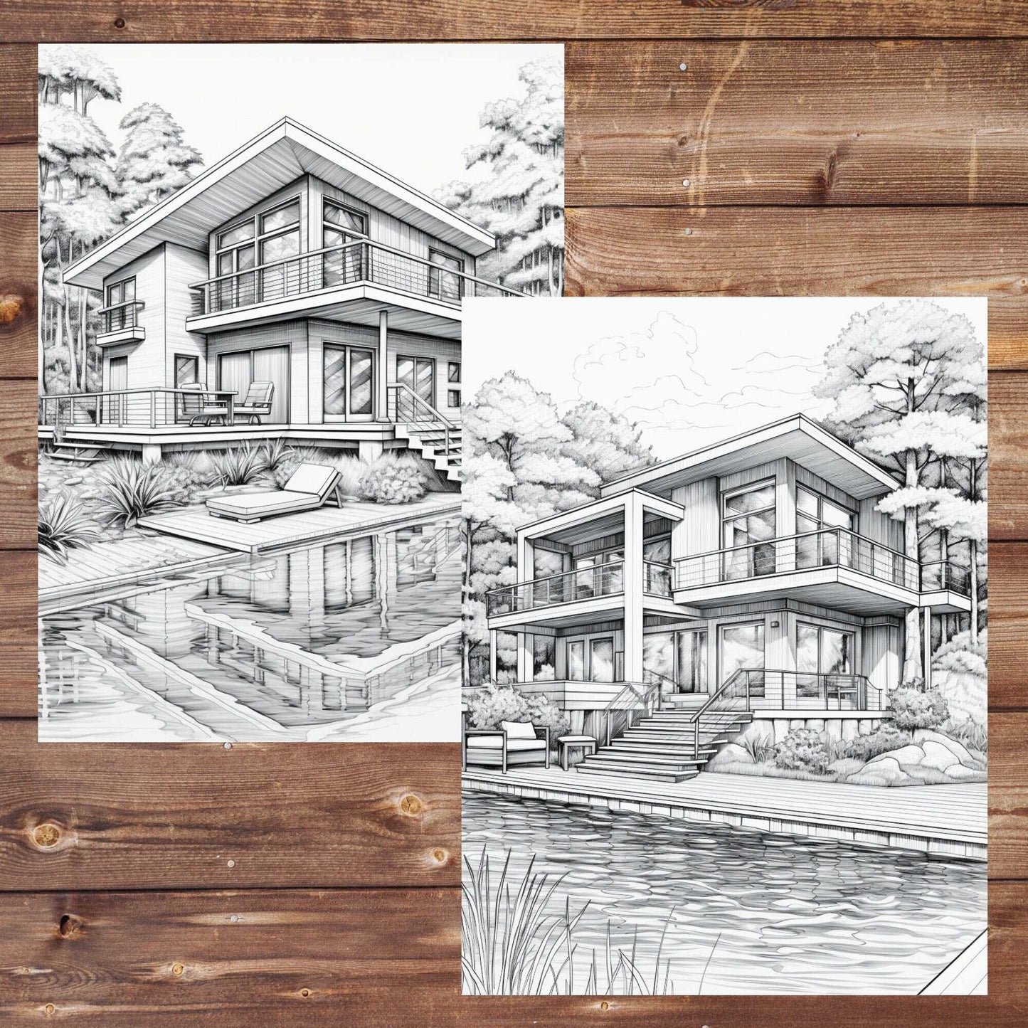 30 Lake Houses Coloring Book, Printable Dream House Coloring Pages, Grayscale Coloring Book for Adults, Fantasy Coloring, Printable PDF