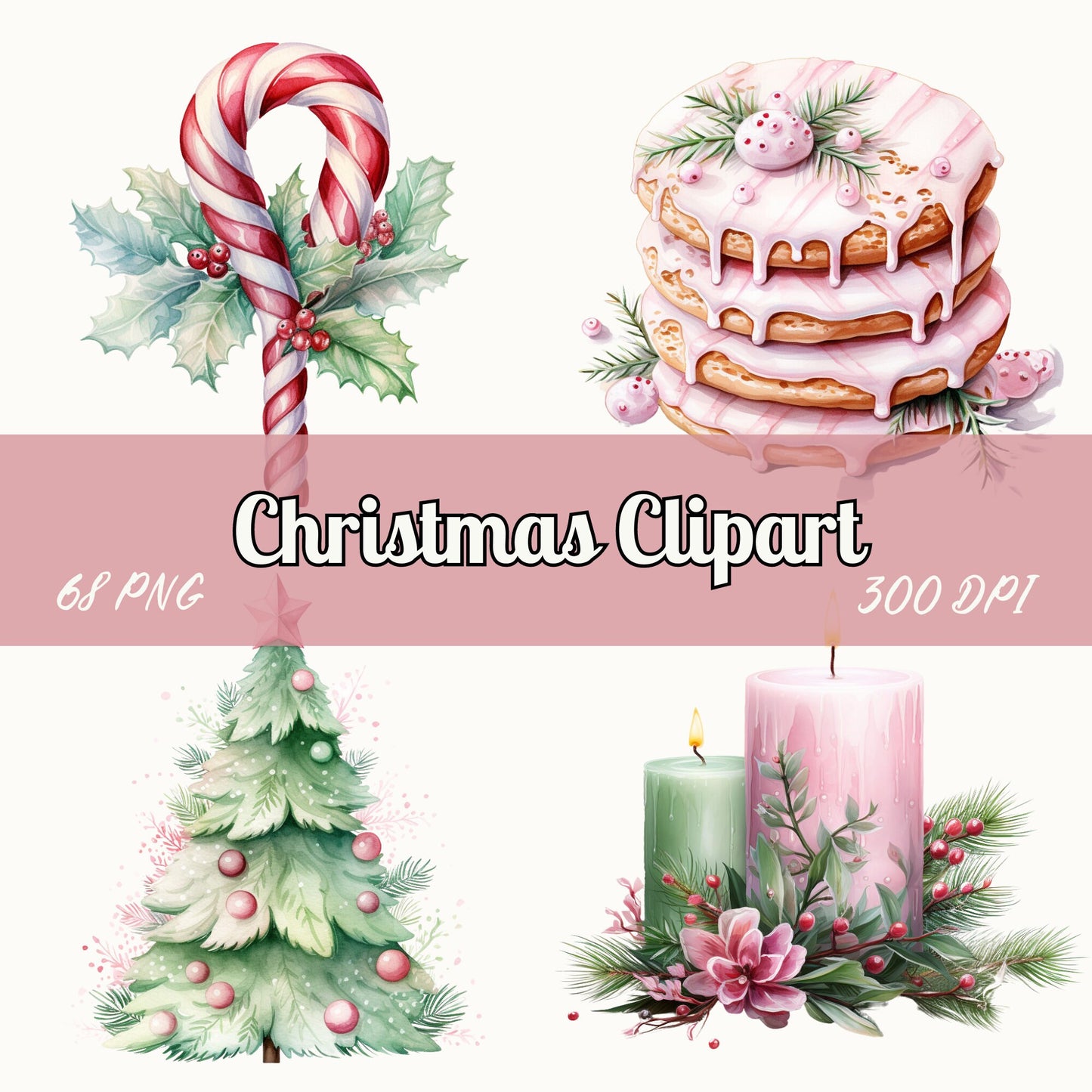 Watercolor Pastel Christmas Clipart, Digital Download