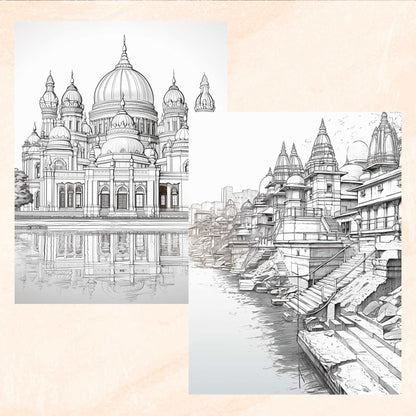 30 India Coloring Book, Grayscale Travel Destinations Coloring Book for Adults, Temple, Indian Women, Sari, Printable PDF, Instant Download