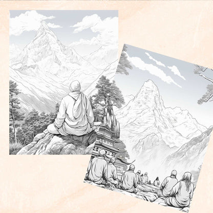 30 India Coloring Book, Grayscale Travel Destinations Coloring Book for Adults, Temple, Indian Women, Sari, Printable PDF, Instant Download