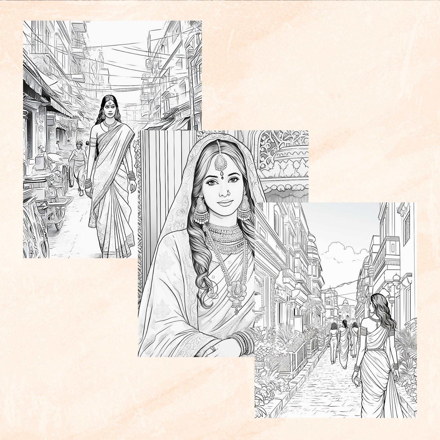 30 India Coloring Book, Grayscale Travel Destinations Coloring Book for Adults, Temple, Indian Women, Sari, Printable PDF, Instant Download