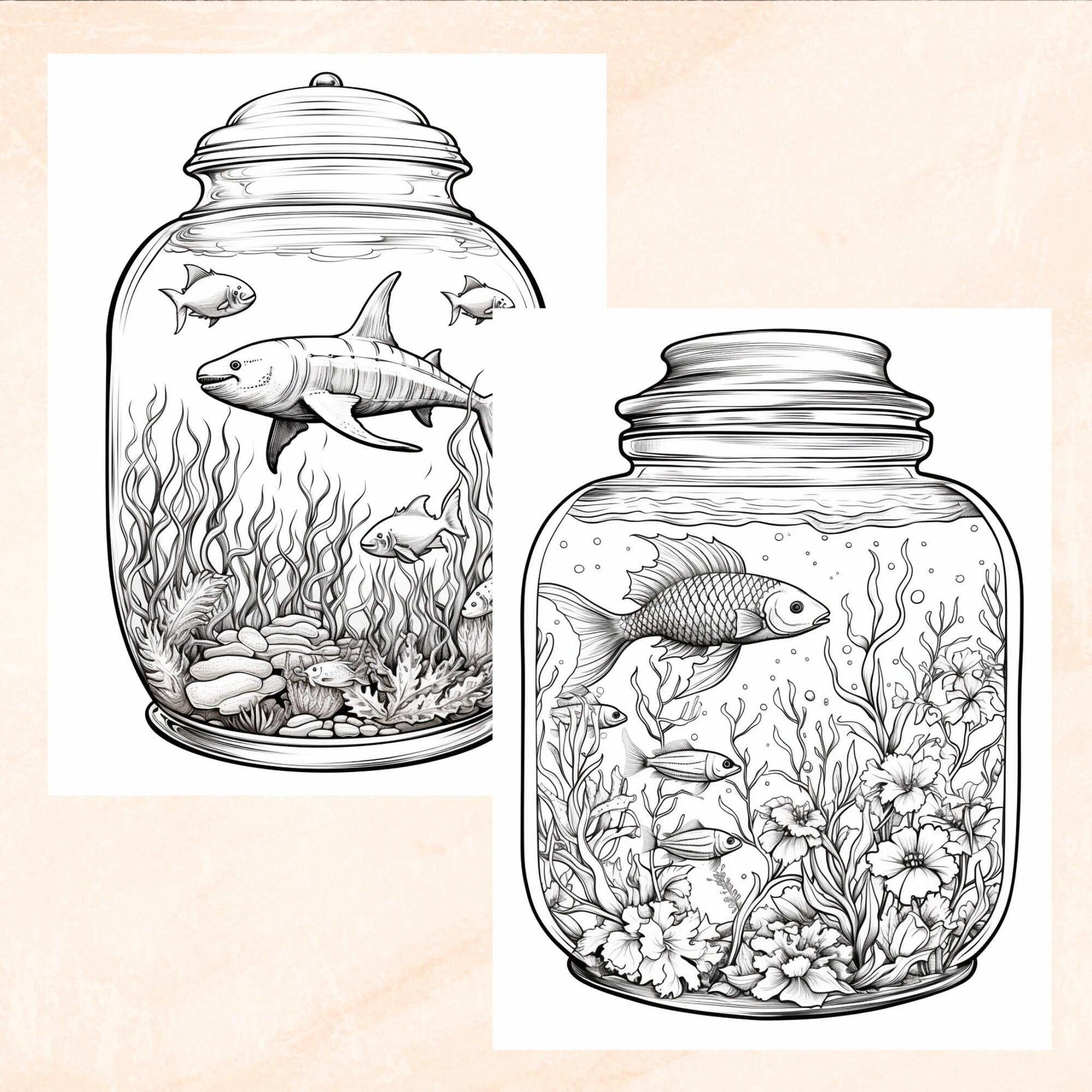 30 Life in a Jar Coloring Book, Grayscale Printable Animals in a Jar Coloring for Adults Kids, Flowers Mushroom Sea Life Animals, PDF