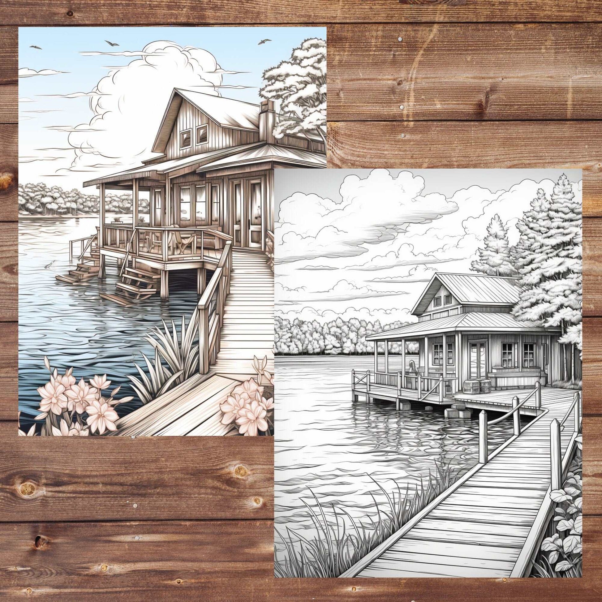 30 Lake Houses Coloring Book, Printable Dream House Coloring Pages, Grayscale Coloring Book for Adults, Fantasy Coloring, Printable PDF