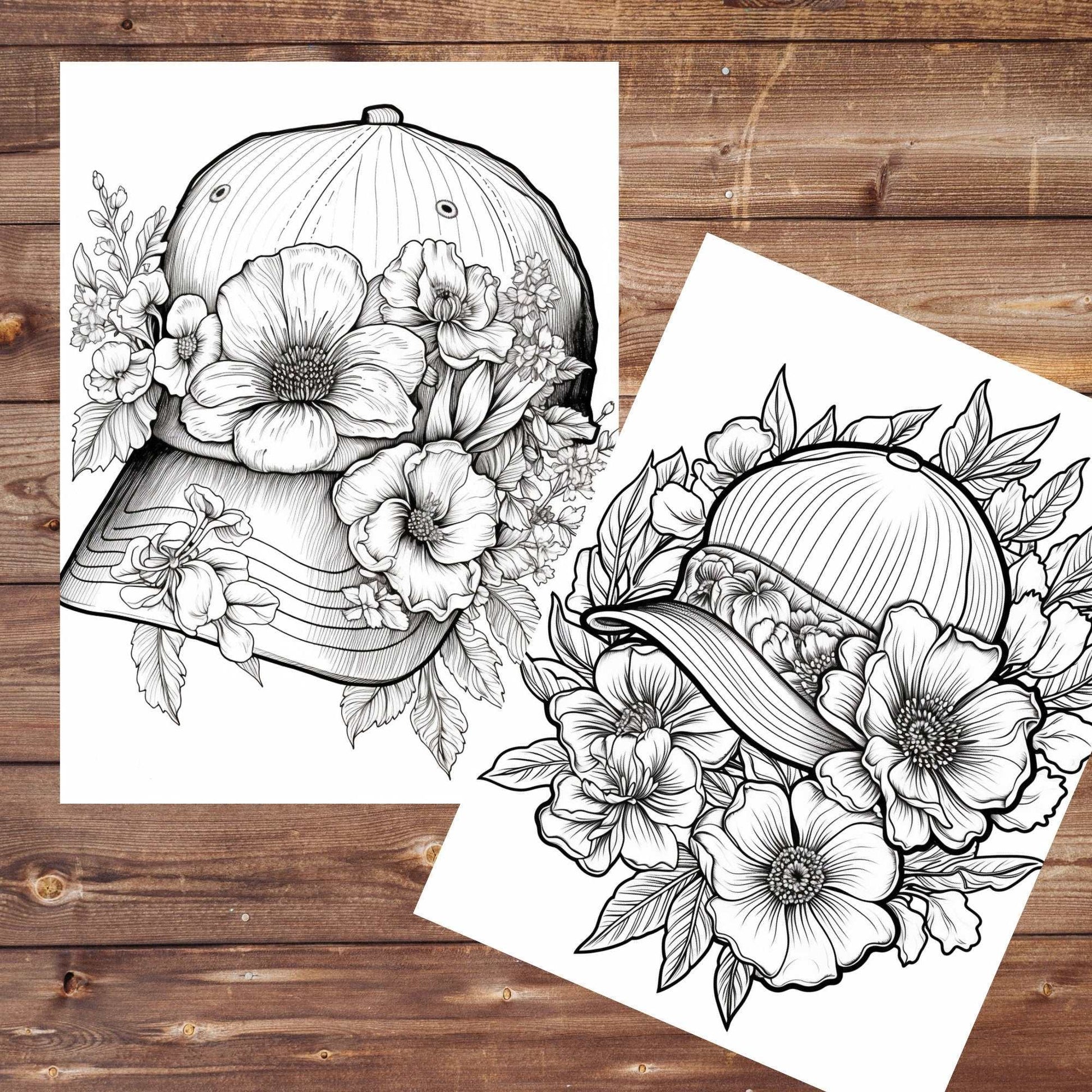 30 Hats Coloring Book, Grayscale Floral Hats Coloring Pages for Adults and Teens, Flowers, Printable PDF, Instant Download