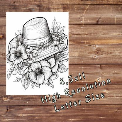 30 Hats Coloring Book, Grayscale Floral Hats Coloring Pages for Adults and Teens, Flowers, Printable PDF, Instant Download