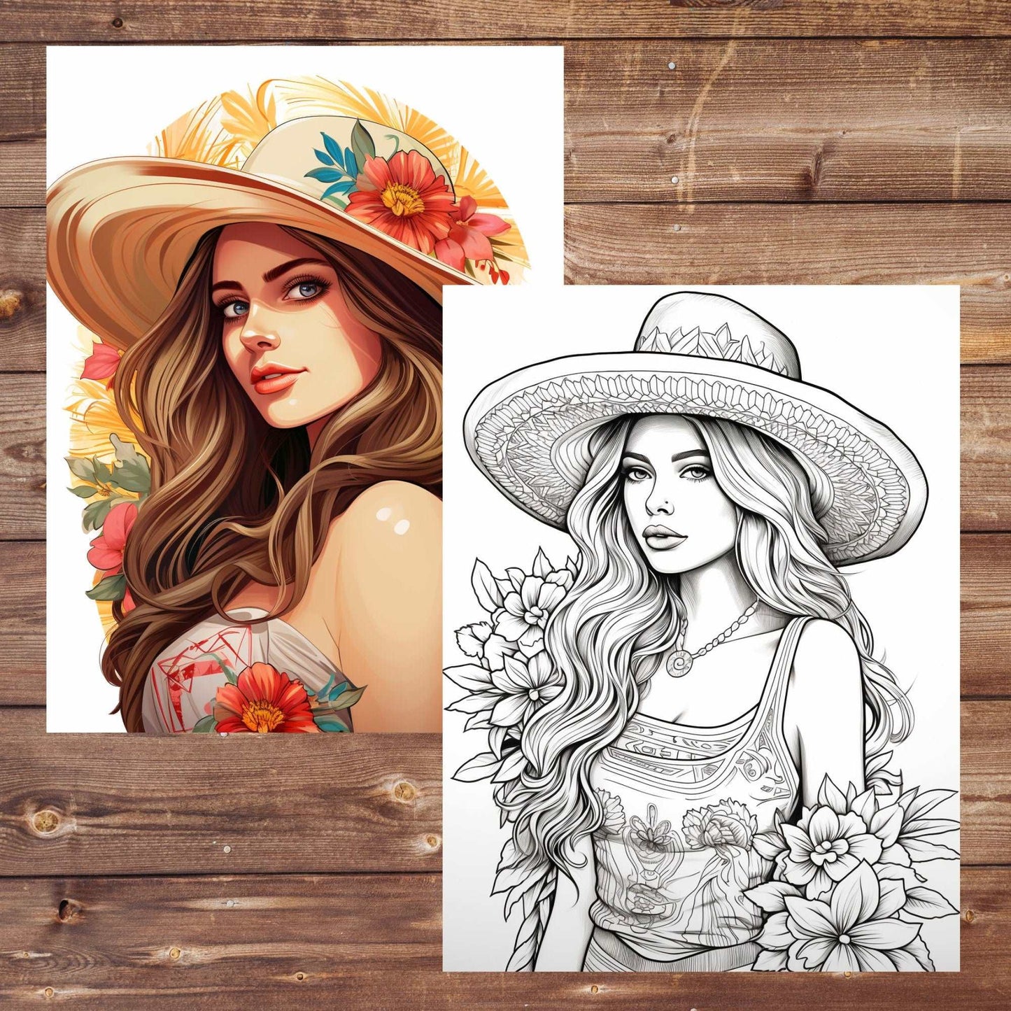 30 Women in Hats Coloring Book, Grayscale Fantasy Floral Hats Coloring Pages, Ladies with Hats, Beautiful Women, Coloring, Printable PDF