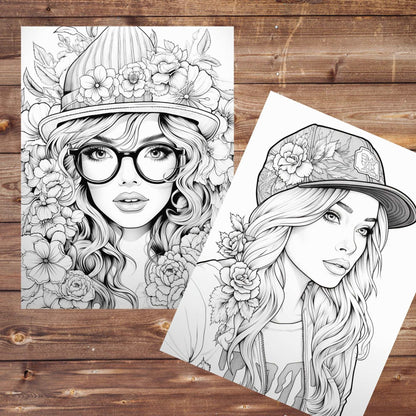 30 Women in Hats Coloring Book, Grayscale Fantasy Floral Hats Coloring Pages, Ladies with Hats, Beautiful Women, Coloring, Printable PDF