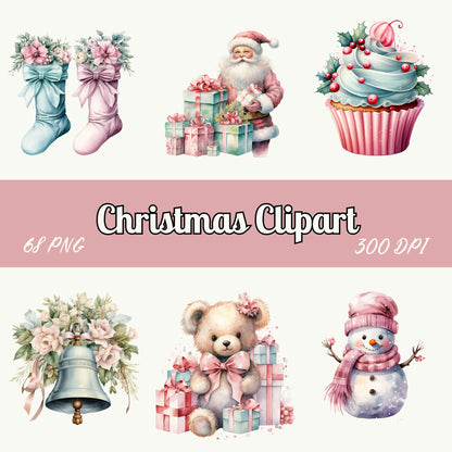 Watercolor Pastel Christmas Clipart, Digital Download