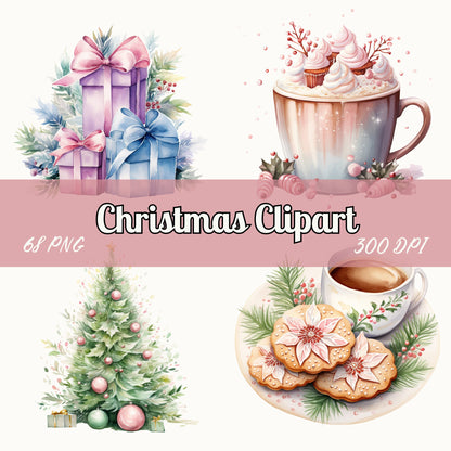 Watercolor Pastel Christmas Clipart, Digital Download