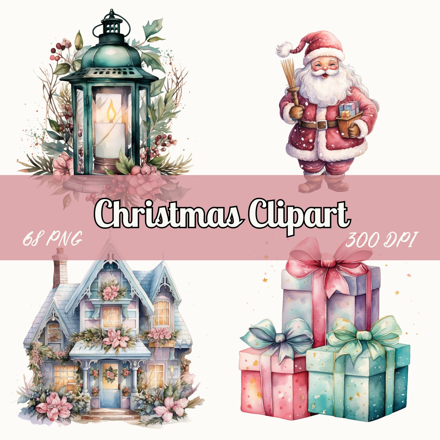 Watercolor Pastel Christmas Clipart, Digital Download