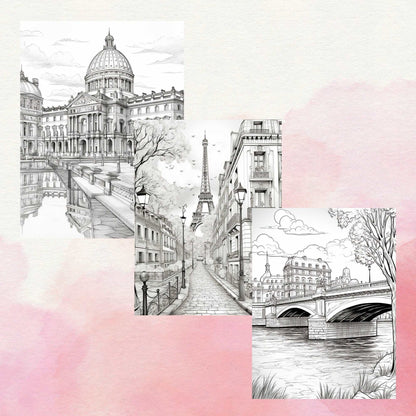 30 Grayscale Paris Coloring Book, Travel Coloring Pages for Adults, Printable PDF