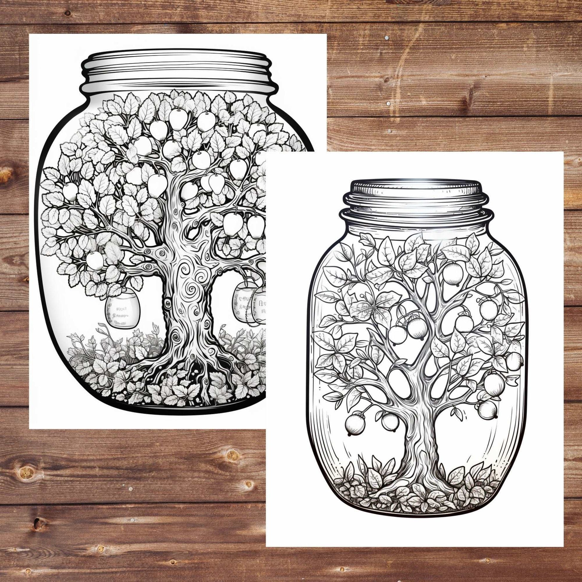 30 Trees in a Jar Coloring Book, Printable Grayscale Fruit Trees Coloring Pages, Oak Tree, Old Trees, Jars Coloring for Adults and Kids