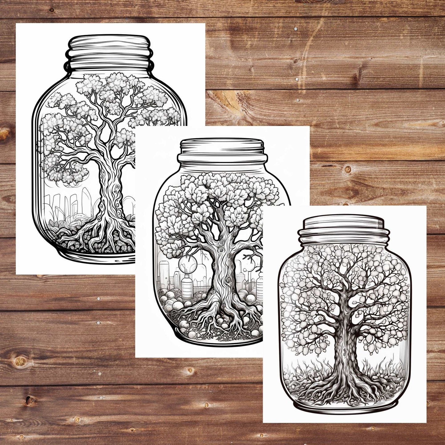 30 Trees in a Jar Coloring Book, Printable Grayscale Fruit Trees Coloring Pages, Oak Tree, Old Trees, Jars Coloring for Adults and Kids