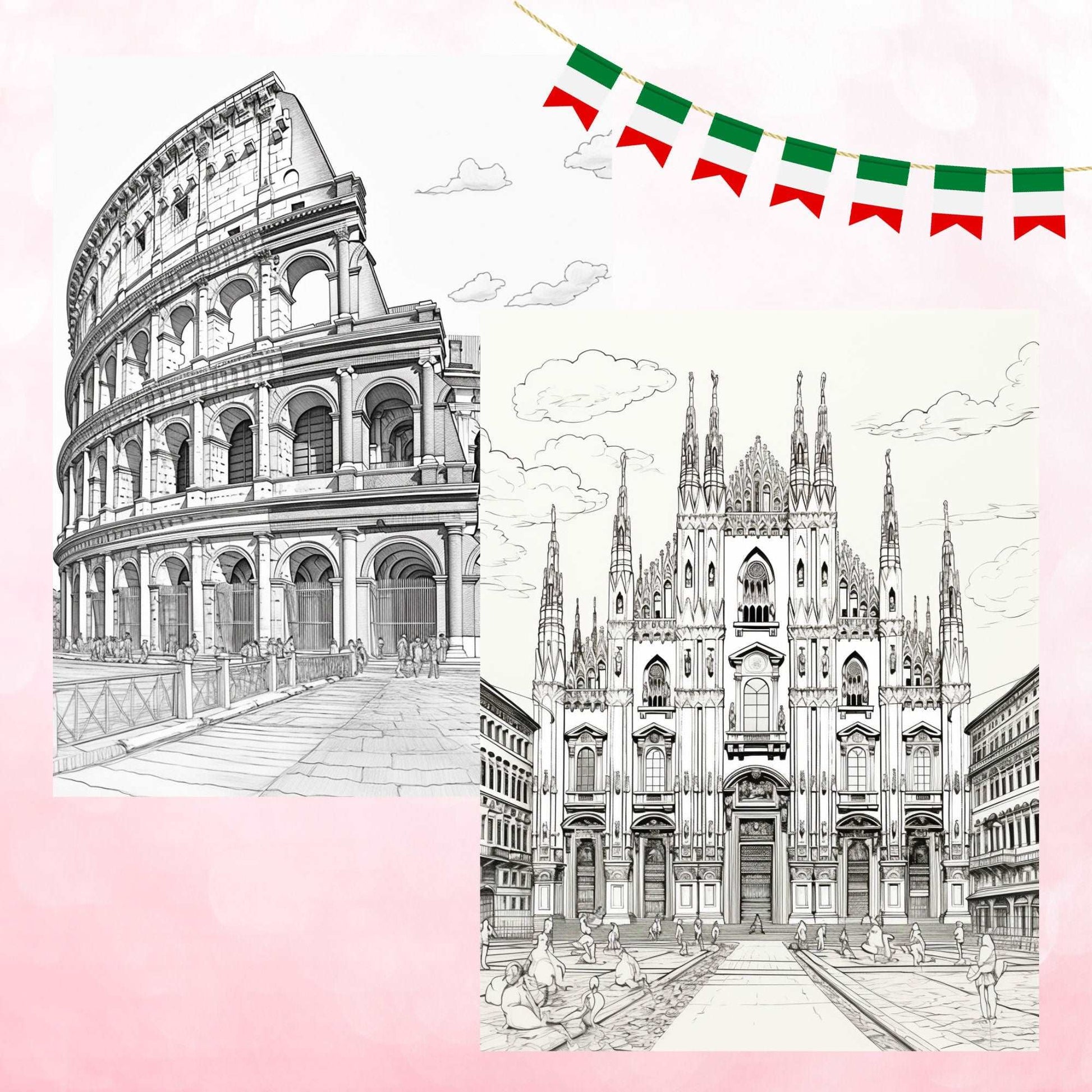 30 Grayscale Italy Coloring Book, Travel Destinations Coloring for Adults, Printable PDF