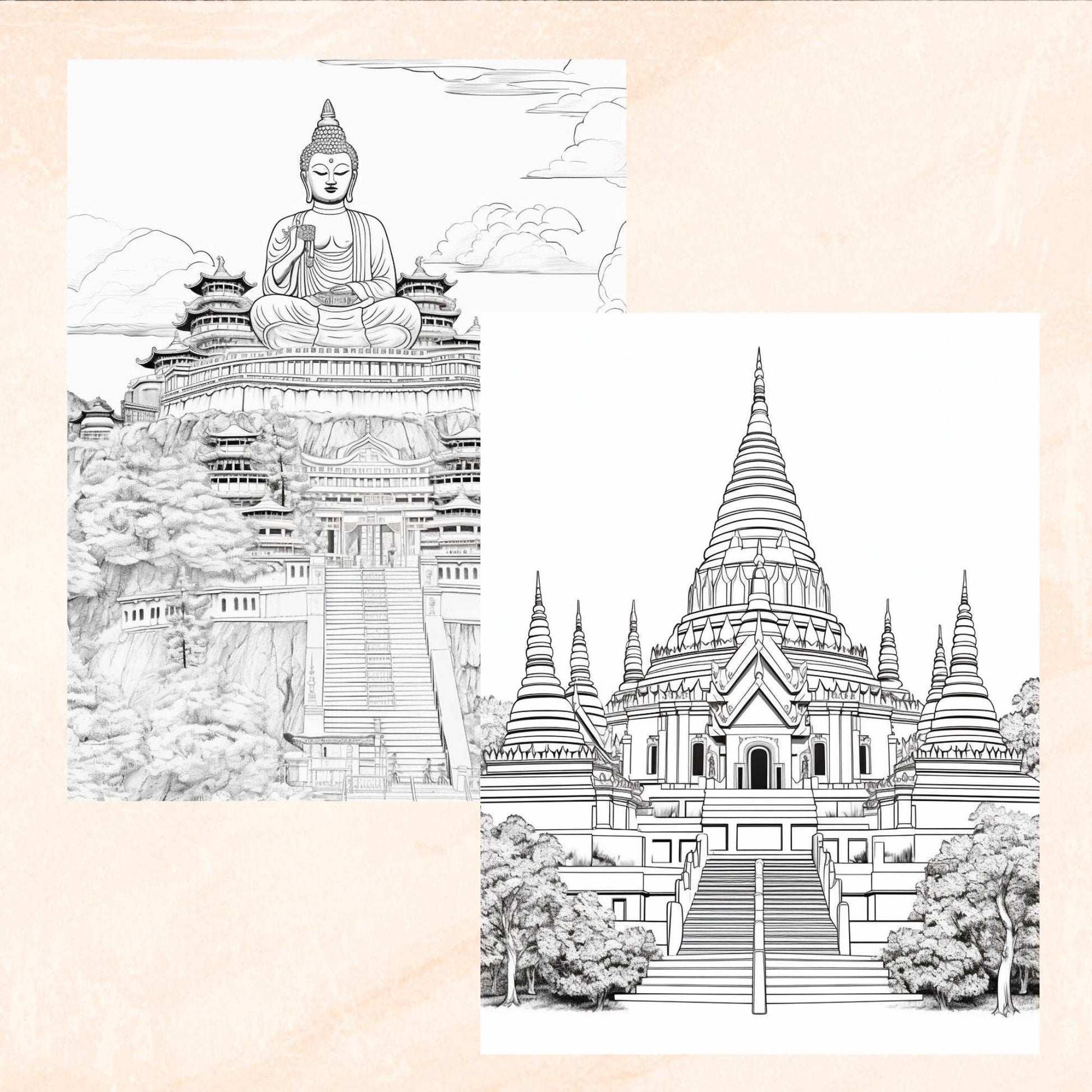 30 Thailand Coloring Book, Grayscale Travel Coloring Book for Adults, Temples, Beaches, Bangkok, Food, Fantasy, Instant Download, Printable