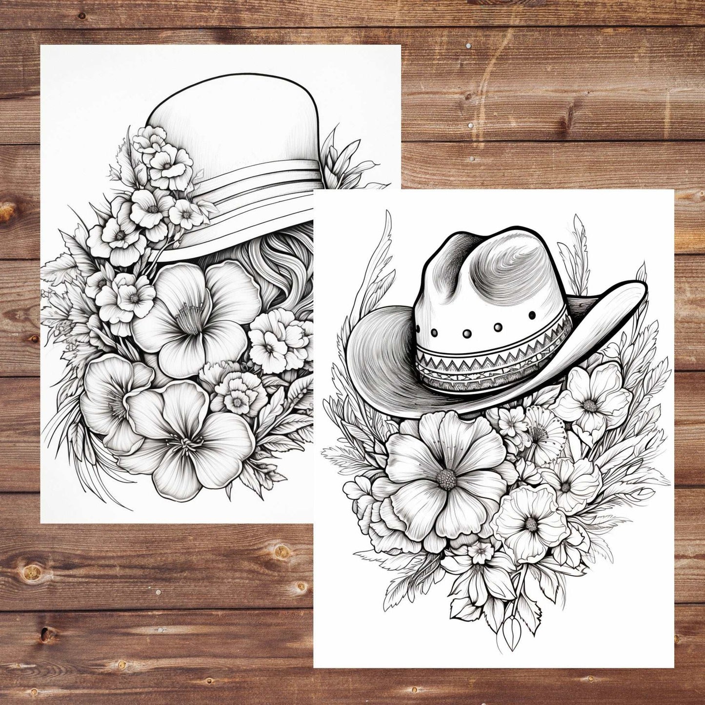 30 Hats Coloring Book, Grayscale Floral Hats Coloring Pages for Adults and Teens, Flowers, Printable PDF, Instant Download