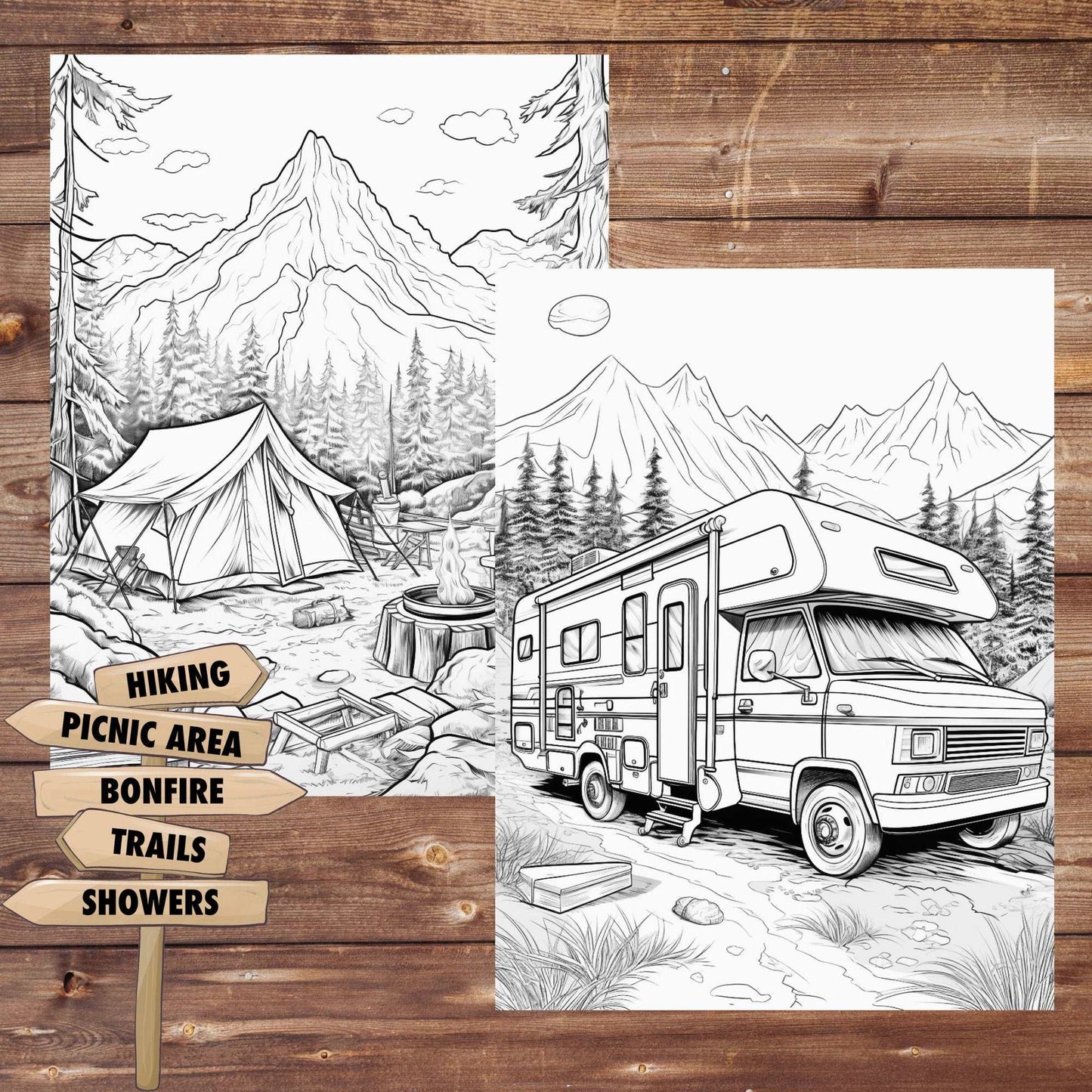 30 The Great Outdoors Coloring Book, Grayscale Camping Coloring Pages, Hiking, Campervan, Adventure, Outdoor Activities, Printable PDF