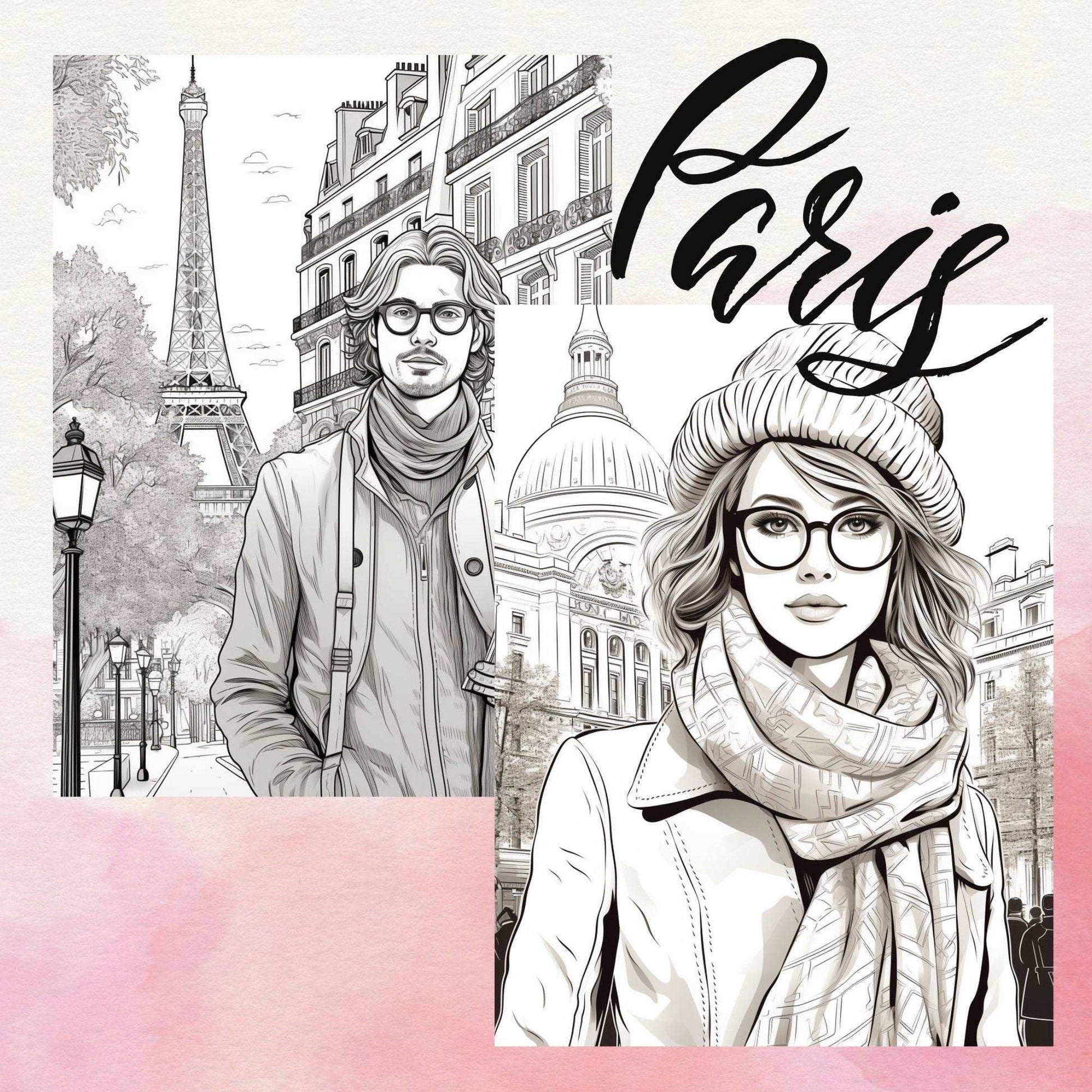 30 Grayscale Paris Coloring Book, Travel Coloring Pages for Adults, Printable PDF