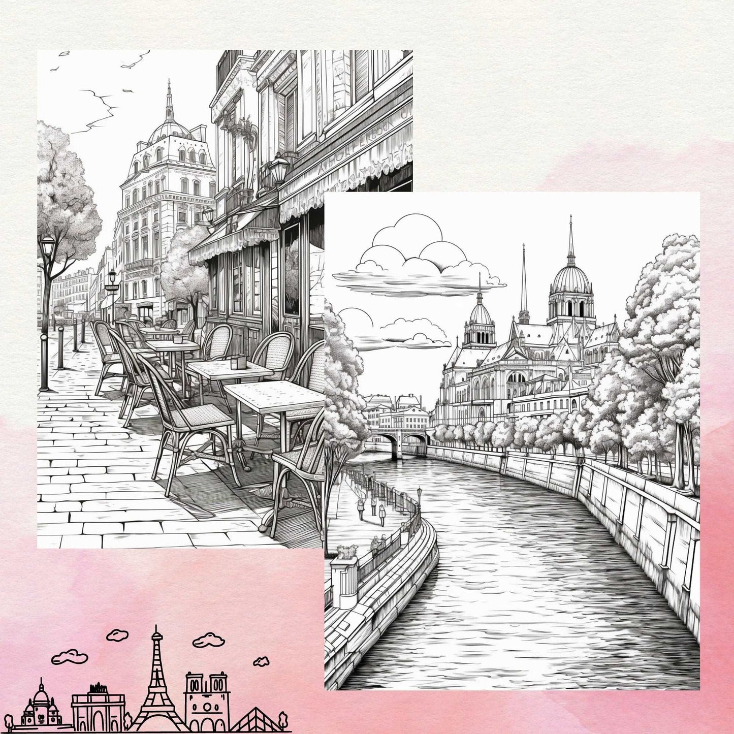 30 Grayscale Paris Coloring Book, Travel Coloring Pages for Adults, Printable PDF