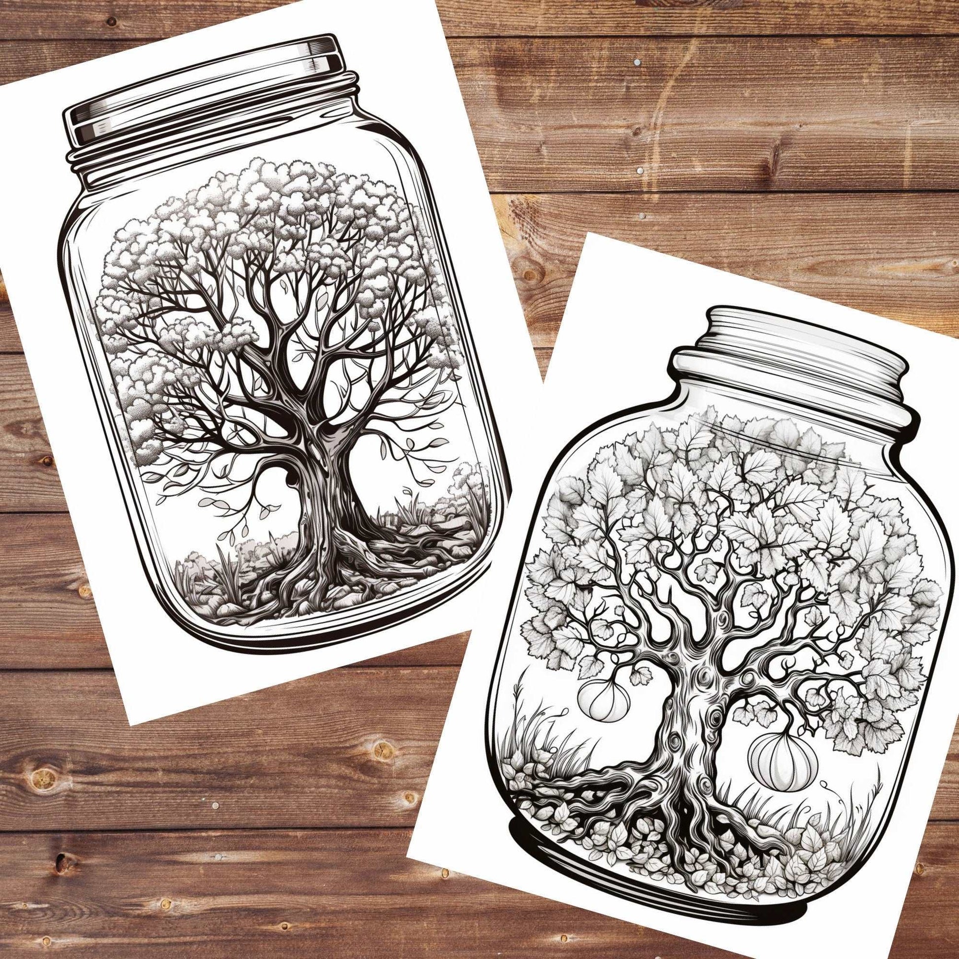 30 Trees in a Jar Coloring Book, Printable Grayscale Fruit Trees Coloring Pages, Oak Tree, Old Trees, Jars Coloring for Adults and Kids