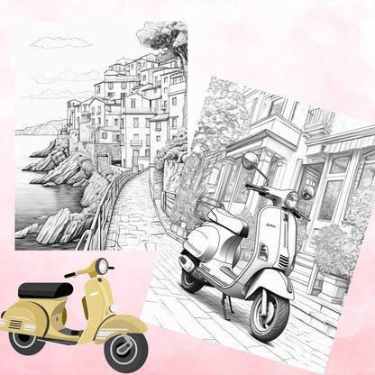 30 Grayscale Italy Coloring Book, Travel Destinations Coloring for Adults, Printable PDF