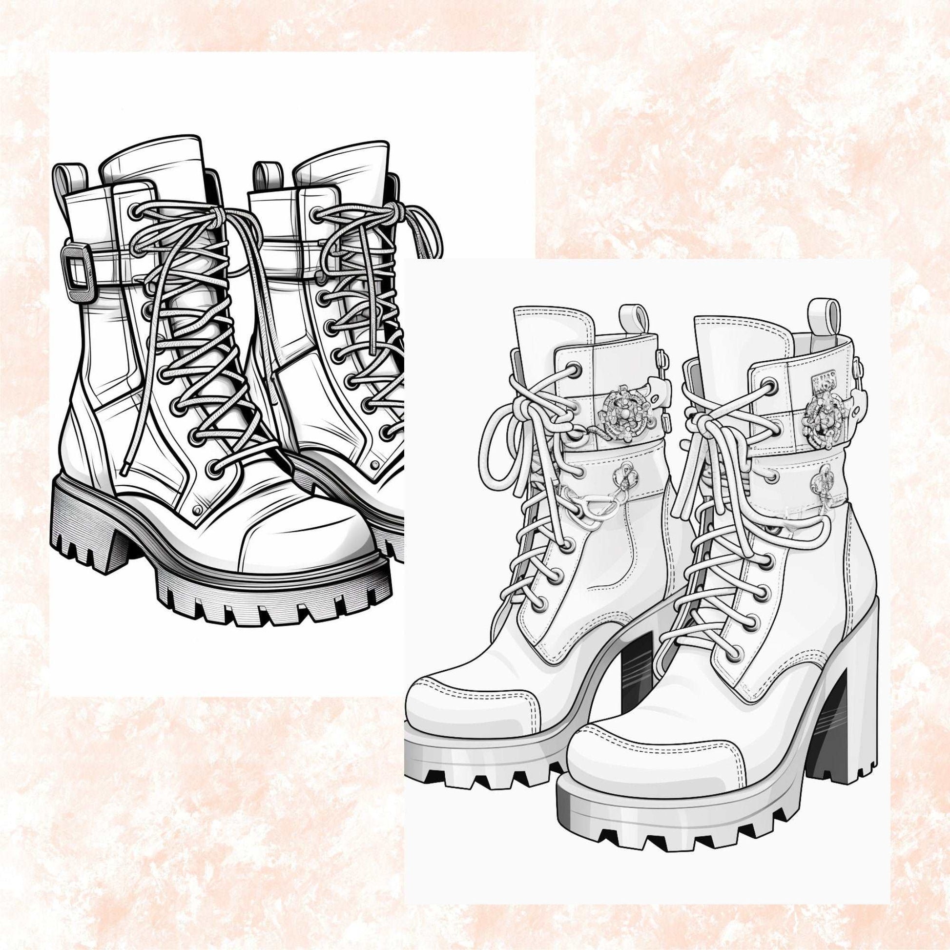 30 Women's Boots Coloring Book, Grayscale Fantasy Women's Shoes with Flowers Coloring For Adults, Women Fashion, High Heels, Printable PDF