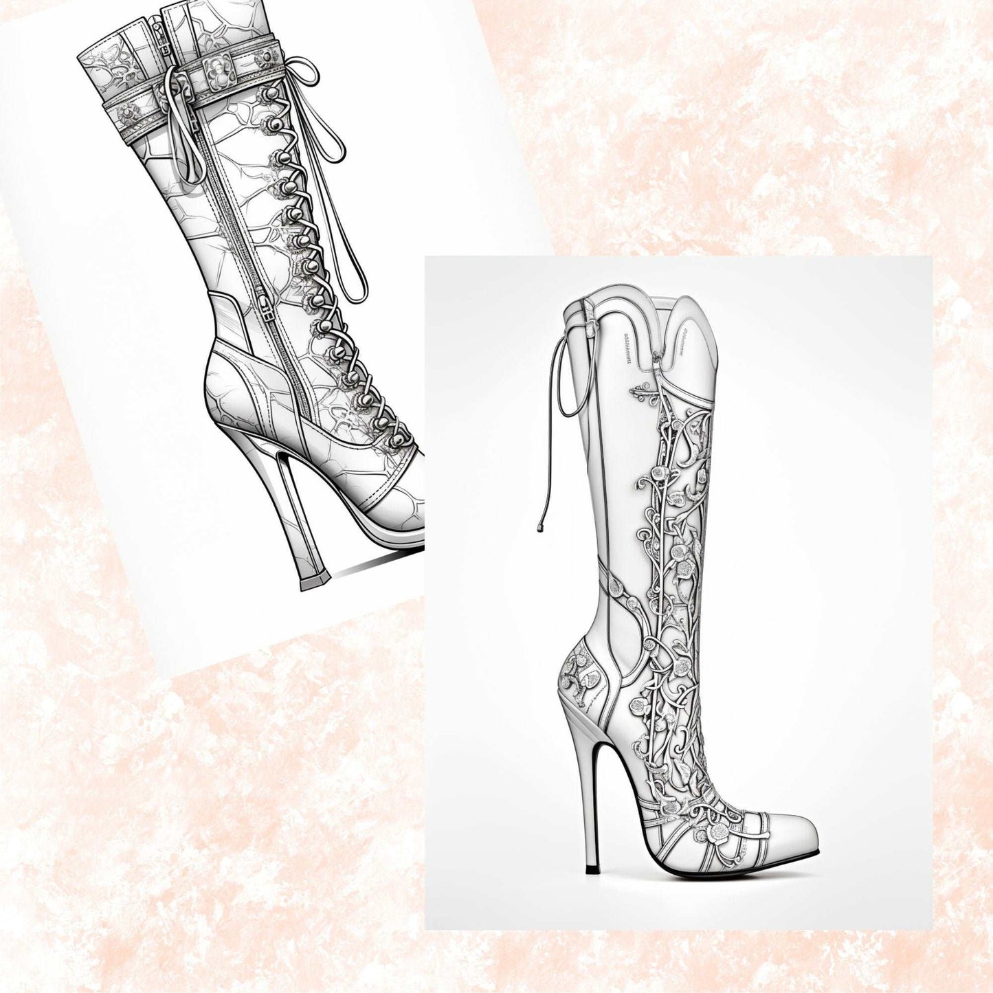 30 Women's Boots Coloring Book, Grayscale Fantasy Women's Shoes with Flowers Coloring For Adults, Women Fashion, High Heels, Printable PDF
