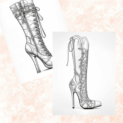 30 Women's Boots Coloring Book, Grayscale Fantasy Women's Shoes with Flowers Coloring For Adults, Women Fashion, High Heels, Printable PDF