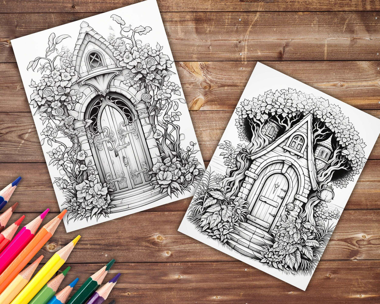 30 Magical Doors Coloring Book, Grayscale Fantasy Secret Doors Coloring Pages for Adults, Floral, Printable PDF, Instant Download