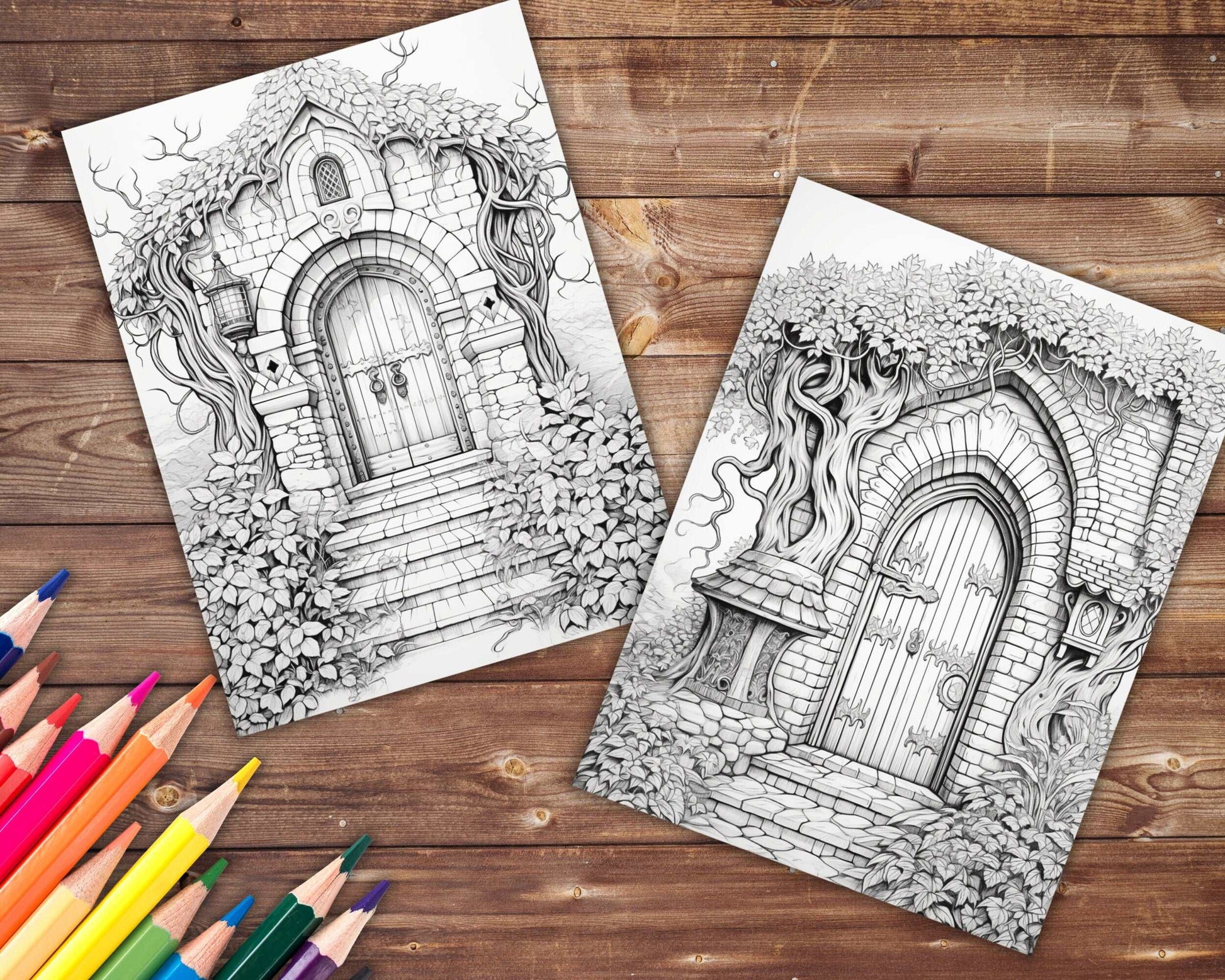 30 Magical Doors Coloring Book, Grayscale Fantasy Secret Doors Coloring Pages for Adults, Floral, Printable PDF, Instant Download