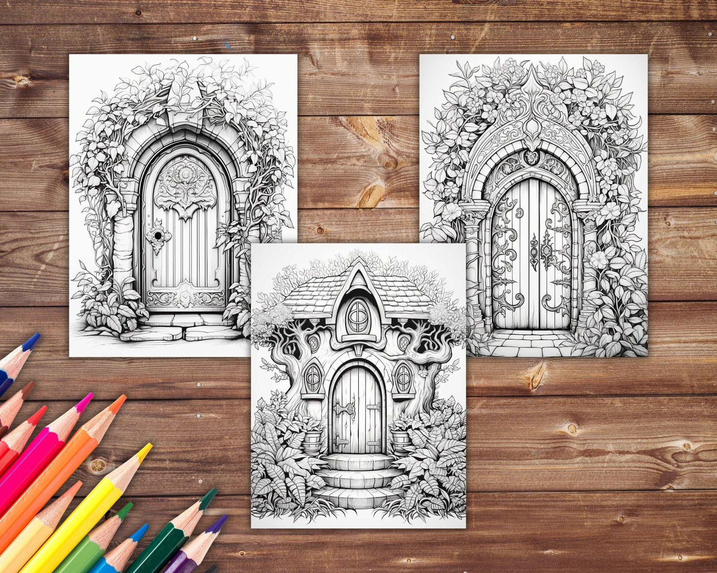 30 Magical Doors Coloring Book, Grayscale Fantasy Secret Doors Coloring Pages for Adults, Floral, Printable PDF, Instant Download