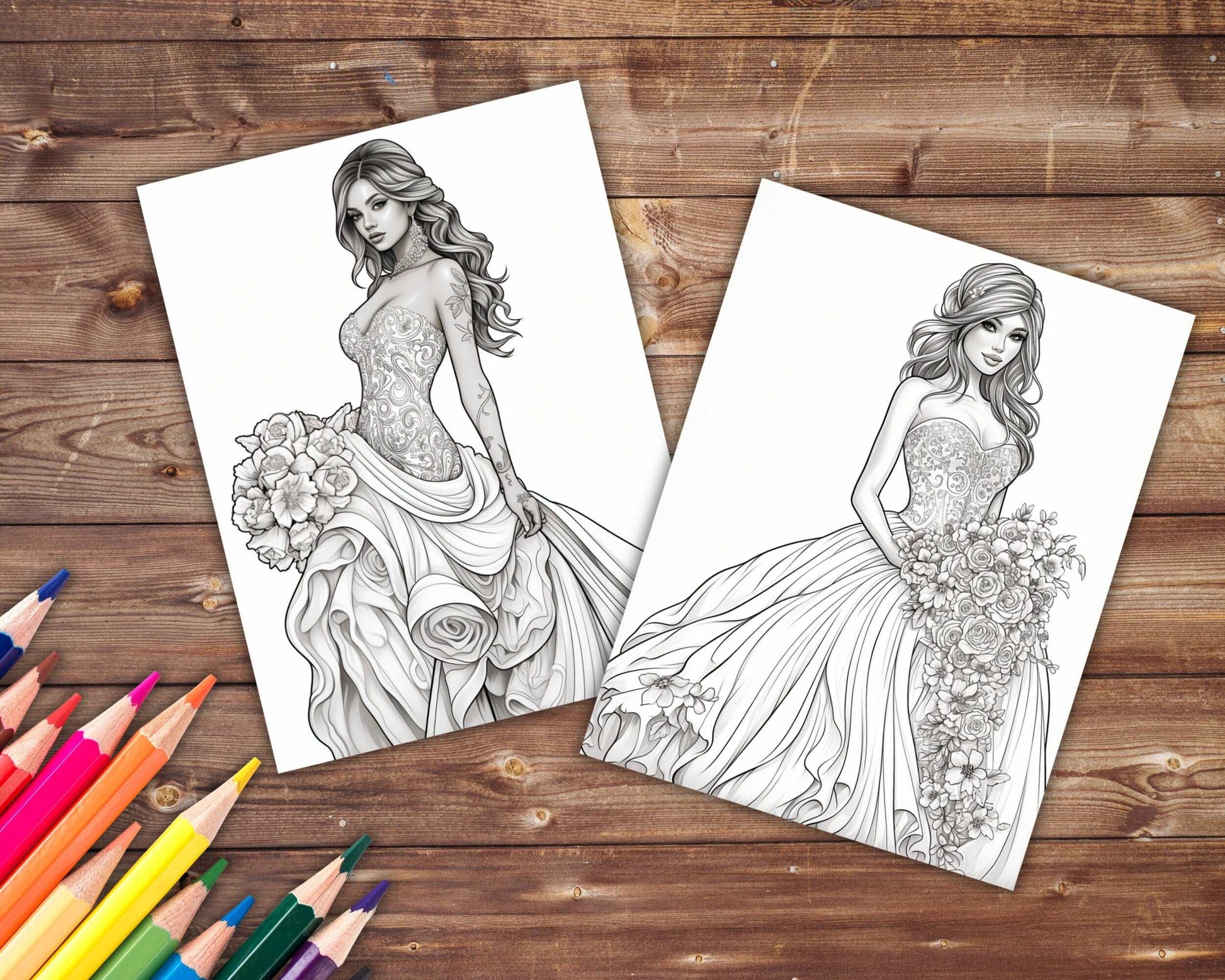 30 Wedding Dresses Coloring Book, Grayscale Fantasy Brides Coloring Pages for Adults and Teens, Printable PDF, Instant Download