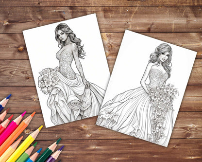 30 Wedding Dresses Coloring Book, Grayscale Fantasy Brides Coloring Pages for Adults and Teens, Printable PDF, Instant Download