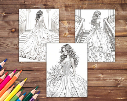 30 Wedding Dresses Coloring Book, Grayscale Fantasy Brides Coloring Pages for Adults and Teens, Printable PDF, Instant Download