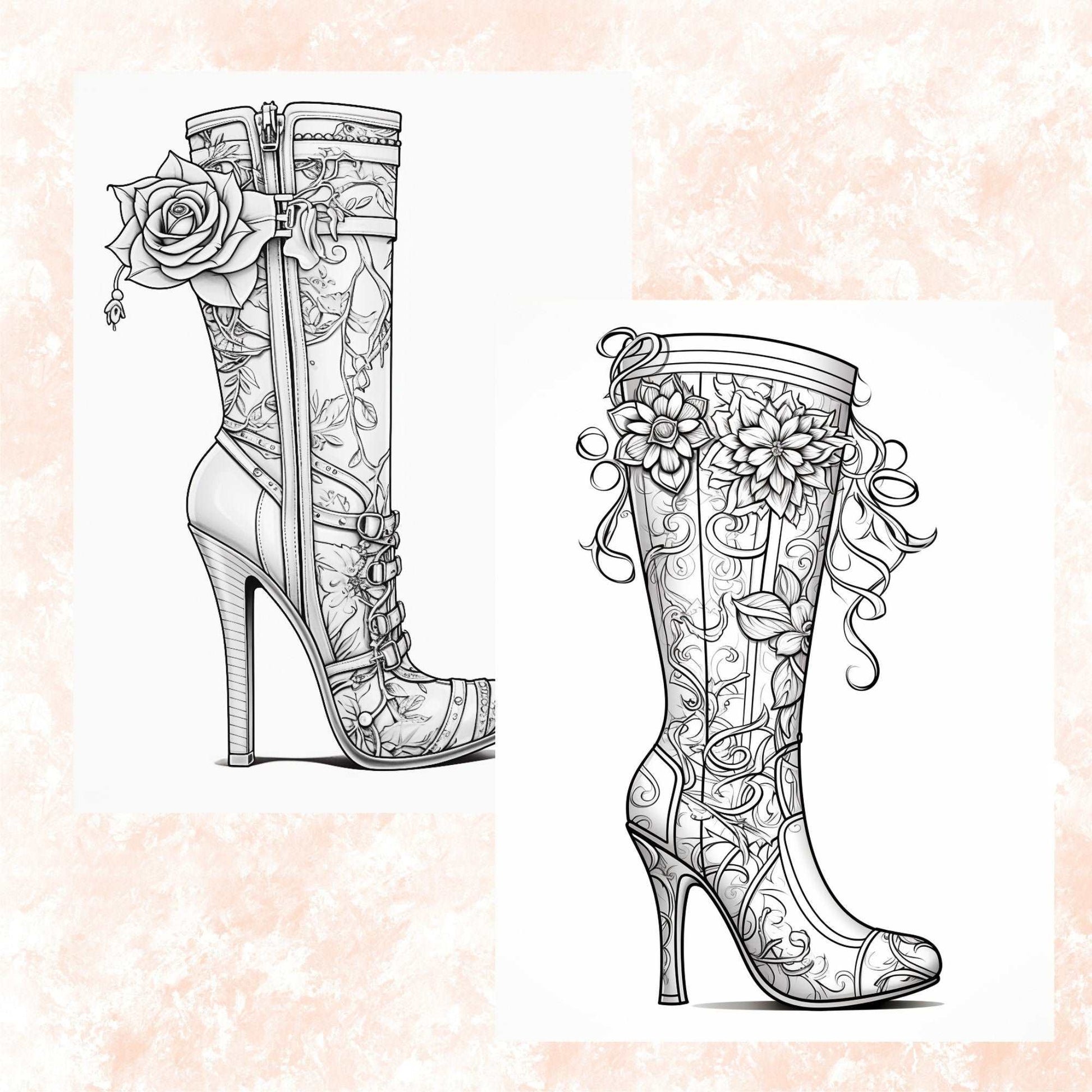 30 Women's Boots Coloring Book, Grayscale Fantasy Women's Shoes with Flowers Coloring For Adults, Women Fashion, High Heels, Printable PDF