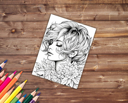 30 Hair Haven Coloring Book, Grayscale Women's Hairstyles Coloring Pages for Adults and Teens, Printable PDF, Instant Download