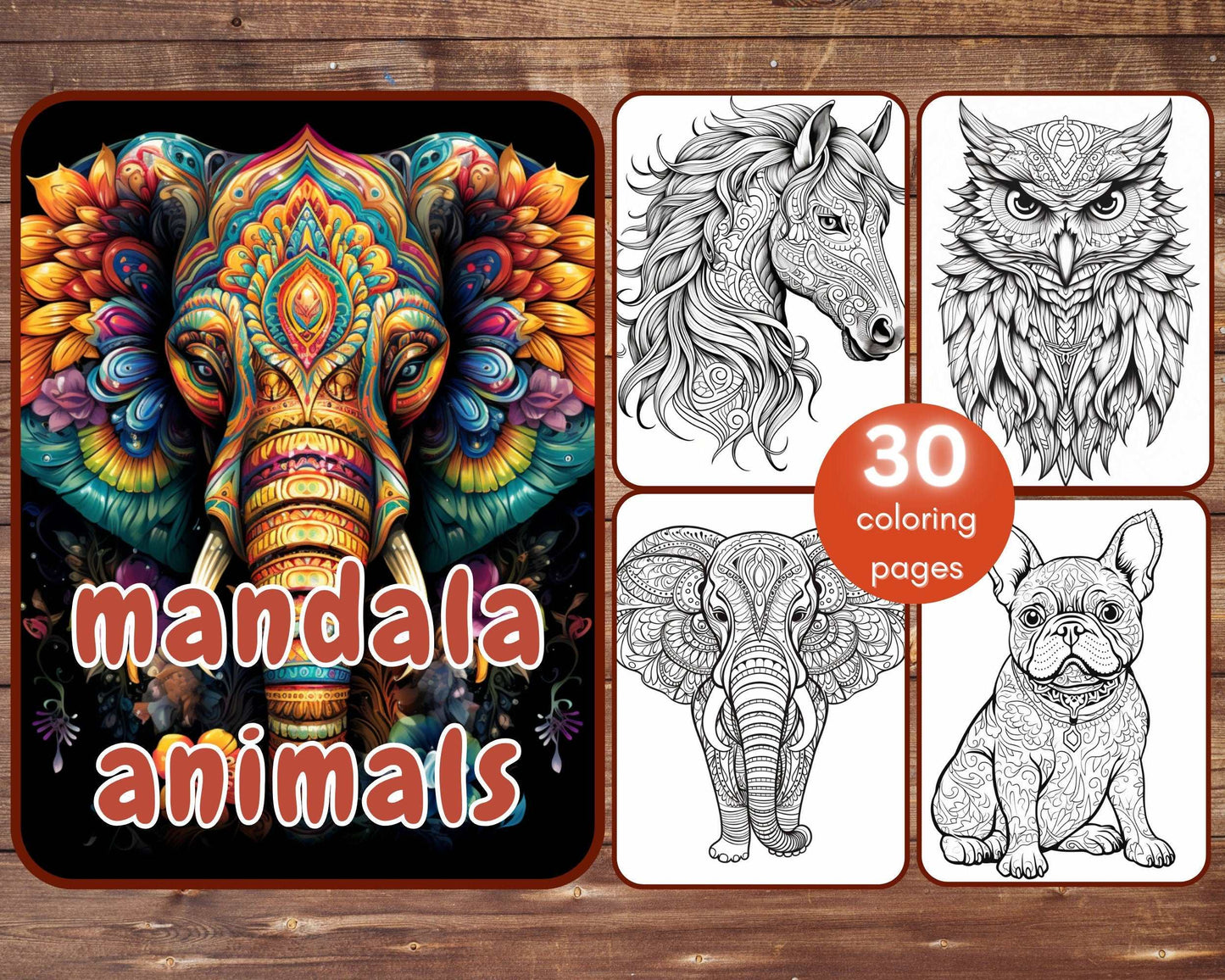 30 Mandala Animals Coloring Book, Grayscale Fantasy Animals and Flowers Coloring for Adults and Kids, Printable PDF, Instant Download