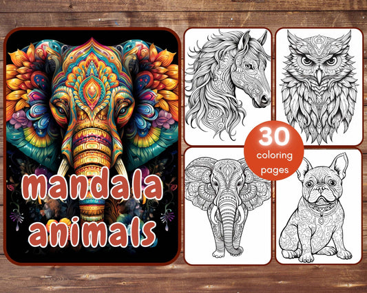 30 Mandala Animals Coloring Book, Grayscale Fantasy Animals and Flowers Coloring for Adults and Kids, Printable PDF, Instant Download