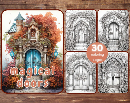 30 Magical Doors Coloring Book, Grayscale Fantasy Secret Doors Coloring Pages for Adults, Floral, Printable PDF, Instant Download